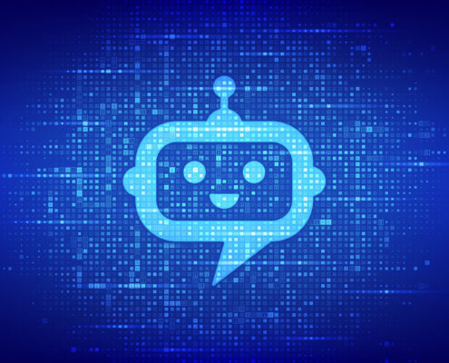 Robot Chatbot Head Icon Sign Made With Binary Code. Chatbot Assistant Application. Ai Concept. Digital Binary Data And Streaming Digital Code. Matrix Background With Digits 1.0. Vector Illustration.