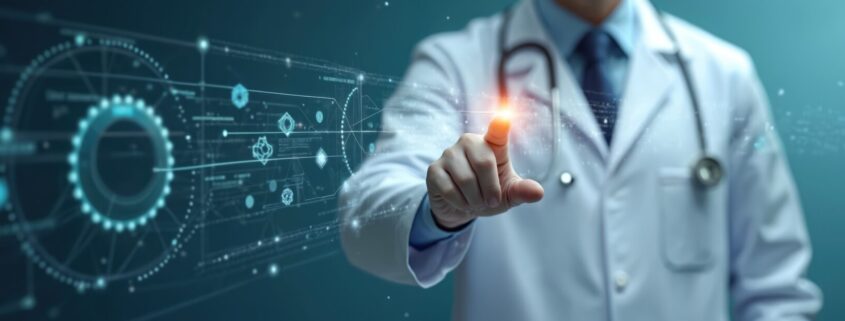 Doctor Points At Digital Data Structure. Modern Medical Tech, Future Medicine Concept. Medical Worker Uses Innovative Computer Network Interface. Healthcare, Innovative Diagnostic Research. Medicine,