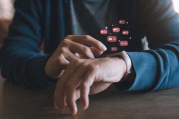 Hands Touch Icon Customer Network Connection On Smart Watch