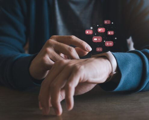 Hands Touch Icon Customer Network Connection On Smart Watch