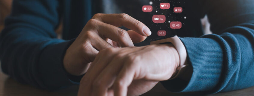 Hands Touch Icon Customer Network Connection On Smart Watch