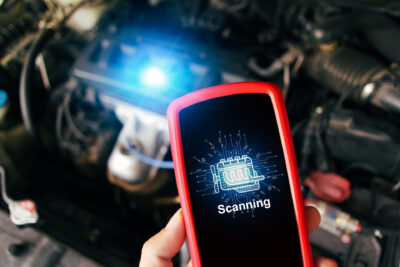 Car Engine Scanning With Wireless Technical Tool, Obd2 Scanner Tool In A Mechanic Hand With A Car Engine Compartment Blurred On Background, Car Maintenance Service Concept