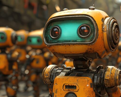 Group Of Robots Marching In Urban Setting