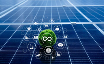 Sustainability And Renewable Energy Concept With Solar Panel Background. Green Circular Economy Symbol With Eco Friendly Icons Representing Clean Energy, Recycling, And Low Carbon Footprint.