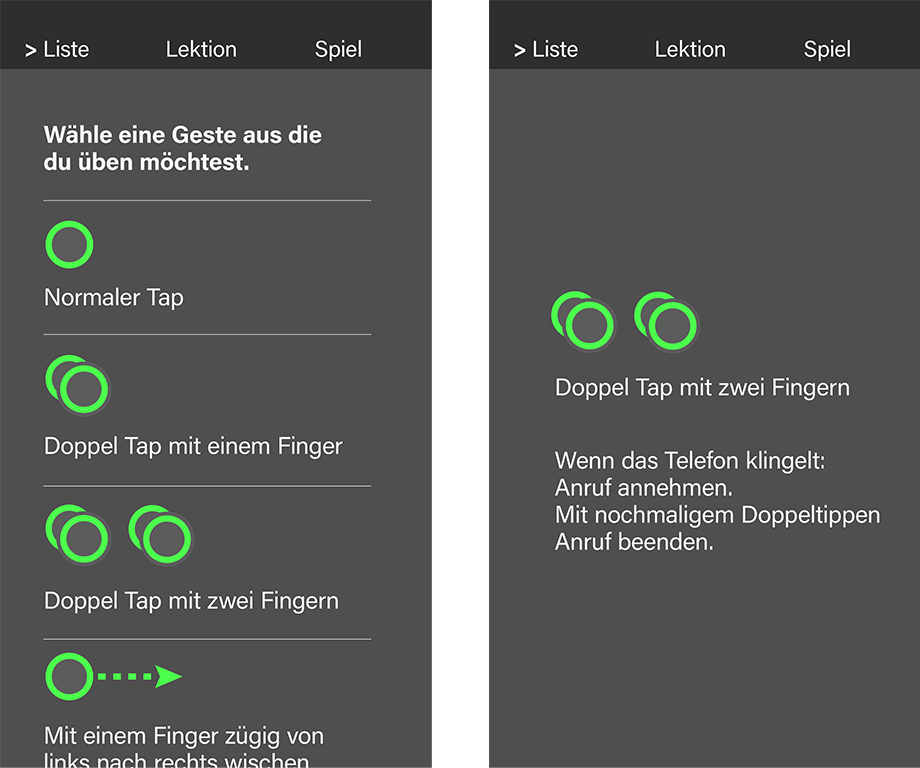 Abbildung links: Liste der verfügbaren Gesten, Abbildung rechts: Training der ausgewählten Geste